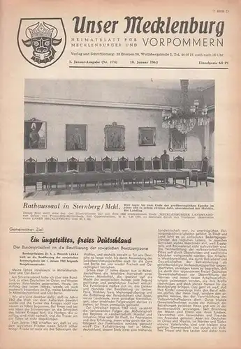 Unser Mecklenburg. - Giebel, F.W. (Red.): Unser Mecklenburg. Nr. 174 vom 10. Januar 1963. Heimatblatt für Mecklenburg und Vorpommern. (Titelkopf mit dem Mecklenburger Wappen). 