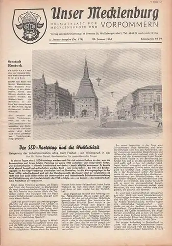 Unser Mecklenburg. - Giebel, F.W. (Red.): Unser Mecklenburg. Nr. 175 vom 25. Januar 1963. Heimatblatt für Mecklenburg und Vorpommern. (Titelkopf mit dem Mecklenburger Wappen). 