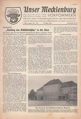 Unser Mecklenburg. - Giebel, F.W. (Red.): Unser Mecklenburg. Nr. 178 vom 10. März  1963. Heimatblatt für Mecklenburg und Vorpommern-Organ der Landsmannschaft Mecklenburg. (Titelkopf mit dem Mecklenburger Wappen). 