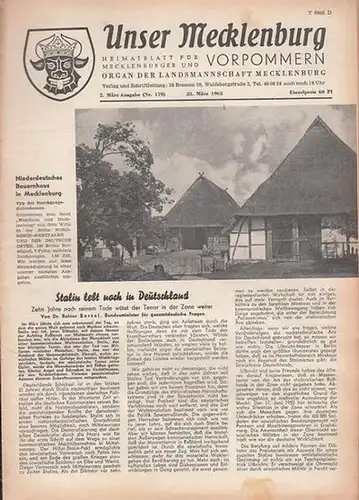Unser Mecklenburg. - Giebel, F.W. (Red.): Unser Mecklenburg. Nr. 179 vom 25. März  1963. Heimatblatt für Mecklenburg und Vorpommern-Organ der Landsmannschaft Mecklenburg. (Titelkopf mit dem Mecklenburger Wappen). 
