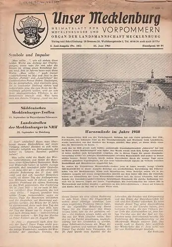 Unser Mecklenburg. - Giebel, F.W. (Red.): Unser Mecklenburg. Nr. 184 vom 10. Juni  1963.  Heimatblatt für Mecklenburg und Vorpommern-Organ der Landsmannschaft Mecklenburg. (Titelkopf mit dem Mecklenburger Wappen). 