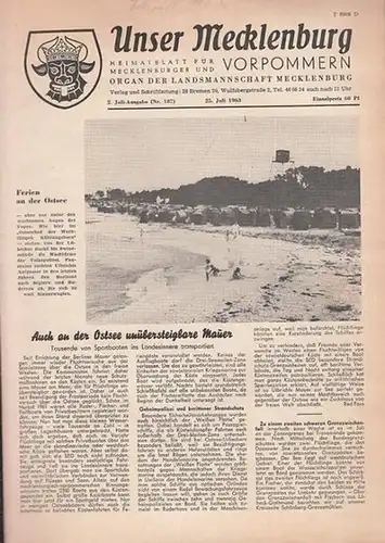 Unser Mecklenburg. - Giebel, F.W. (Red.): Unser Mecklenburg. Nr. 187 vom 25. Juli  1963.  Heimatblatt für Mecklenburg und Vorpommern-Organ der Landsmannschaft Mecklenburg. (Titelkopf mit dem Mecklenburger Wappen). 