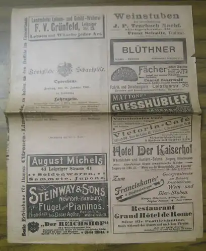 Berlin. - Königliche Schauspiele, Opernhaus. - Wagner, Richard: Lohengrin. Besetzungszettel. Aufführung am Freitag, 11. Januar 1901. Mitwirkende: die Herren Wittekopf, Grüning, Bulß, Bachmann u. a. sowie Fräulein Hiedler, Reinl u. a. 