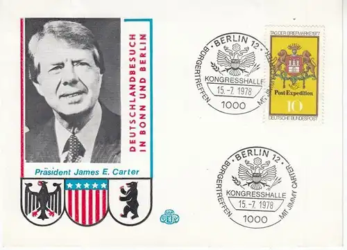 Carter, Jimmy: Präsident James E. Carter, Deutschlandbesuch in Bonn und Berlin. Karte mit Sonderbriefmarke und 2 Sonderstempeln. 