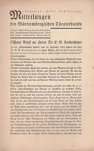 Mitteilungen des Württembergischen Theaterbundes. - Schriftleitung: Wilhelm Hans v. Sonntag: Mitteilungen des Württembergischen Theaterbunds. I. Jahrgang, Heft 5, Februar 1929. 