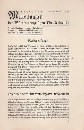 Mitteilungen des Württembergischen Theaterbundes. - Schriftleitung: Walter Erich Schäfer: Mitteilungen des Württembergischen Theaterbunds. 2. Jahrgang, Heft 2, November 1929. 