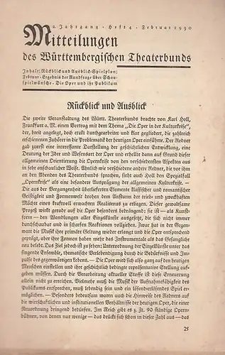 Mitteilungen des Württembergischen Theaterbundes. - Schriftleitung: Walter Erich Schäfer: Mitteilungen des Württembergischen Theaterbunds. 2. Jahrgang, Heft 4, Februar 1930. 