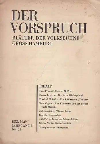 Der Vorspruch. Nummer 12, 1929 ( Dezember ), Jahrgang 5. Blätter der Volks - Bühne Groß - Hamburg