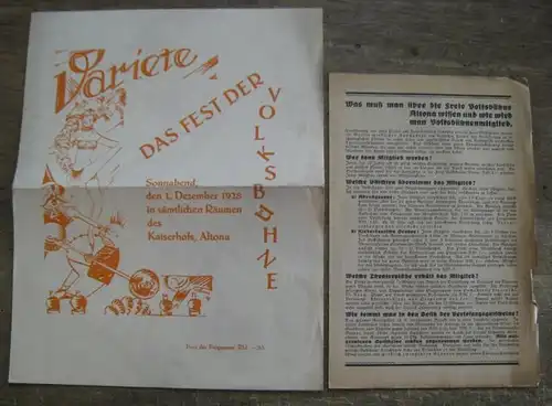 Variete. Das Fest der Volksbühne. Sonnabend, den 1. Dezember 1928 in sämtlichen Räumen des Kaiserhofs, Altona. Musikalische Leitung: Walter Schatz.   Mitwirkende: Sepp '.. 