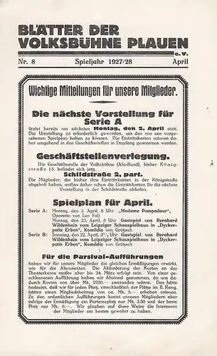 Blätter der Volksbühne Plauen. Nr. 8 ( April ), Spieljahr 1927 / 1928