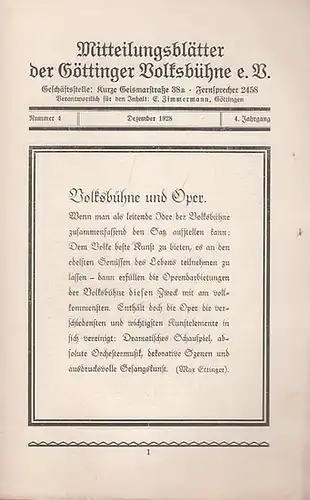 Volksbühne Göttingen. - Schriftleitung: E. Zimmermann. -  Franz Lehar. - Carl Maria von Weber. - Giacomo Puccini: Mitteilungsblätter der Göttinger Volksbühne e. V. Dezember...