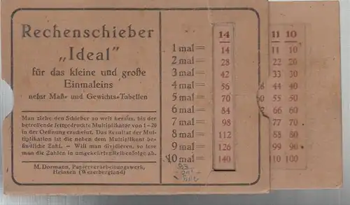 Rechenschieber. - Ideal: Rechenschieber ' Ideal ' für das kleine und große Einmaleins nebst Maß- und Gewichts-Tabellen. 