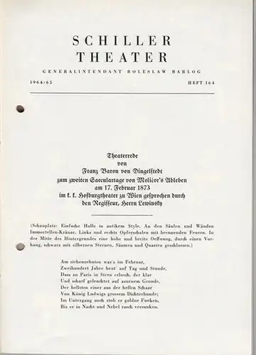 Schillertheater Berlin. - Boleslaw Barlog (Intendanz). - Moliére: Der eingebildete Kranke. Programmheft 164  der Spielzeit 1964 / 1965. Inszenierung: Fritz Kortner, mit u. a.: Curt Bois, Christa Witsch, Christian Rode, Anneliese Römer, Walter Bluhm. 