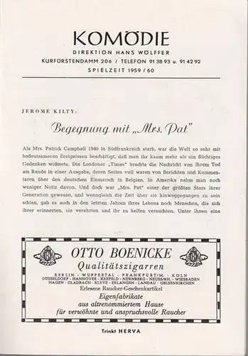 Geliebter Lügner. Programmheft der Spielzeit 1959 / 1960. Regie: Jerome Kilty. Ausstattung: Ita Maximowna. Mit: Elisabeth Bergner und O. E. Hasse