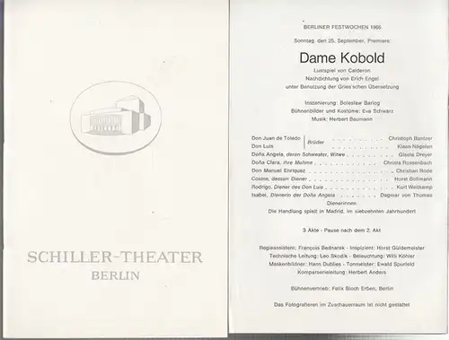 Berlin Schiller Theater. - Boleslaw Barlog (Intendanz / Hrsg.). - Calderon. - Hugo von Hofmannsthal (Übersetzung): Dame Kobold. Spielzeit 1966 / 1967, Heft 176. Programmheft...