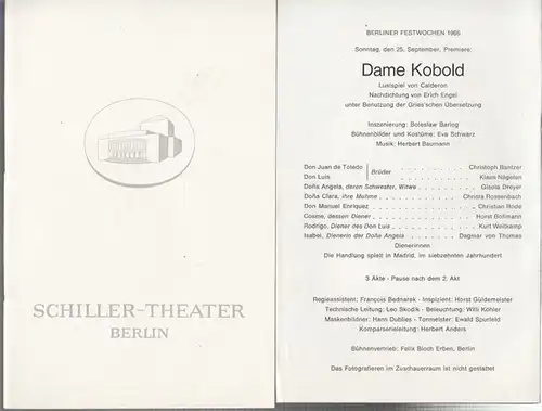 Berlin Schiller Theater.   Boleslaw Barlog (Intendanz / Hrsg.).   Calderon.   Hugo von Hofmannsthal (Übersetzung): Dame Kobold. Spielzeit 1966 / 1967.. 