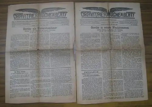 Oravita. - Wochenblatt. - Josef Kaden ( Red.). - Goethe, Johann Wolfgang von (Thema): Oravitaer Wochenblatt. LXI. Jahrgang, Nr. 8 und 9, 21. und 28 Feber ( Februar ) 1932. Organ für öffentliches Leben, Handel, Gewerbe und sämtliche Verlautbarungen. 
