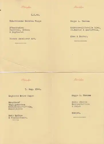 Menükarten. - Deker ' s Oberes Badhotel (Hrsg.): Menukarten vom August 1940 und August 1941. 