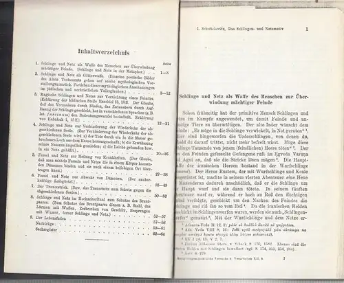 Scheftelowitz, I(sidor): Schlinge und Netz als Waffe des Menschen zur Überwindung mächtiger Feinde. (Religionsgeschichtliche Versuche und Vorarbeiten begründet von Albrecht Dieterich und Richard Wünsch herausgegeben.. 