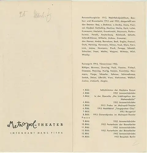 Programm   Heft zu: An beiden Ufern der Spree. Revue in 14 Bildern. Regie: Gustav von Wangenheim. Bühnenbilder: Hermann Kaubisch. Musikalische Leitung: Martin Velin.. 