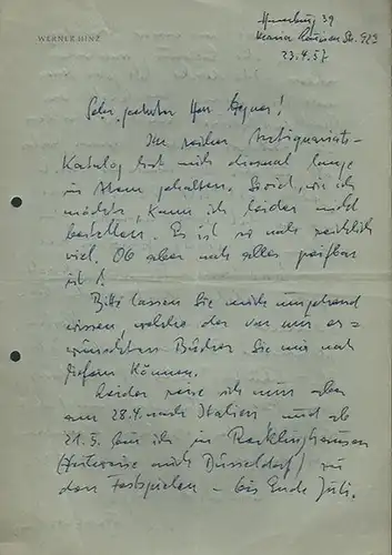 Hinz, Werner (1903 1985), Hamburg.    Wegner, Carl , Berlin, Schriftwechsel zwischen Werner Hinz (Schauspieler) und dem Antiquariat Carl Wegner, Berlin. 1 eigenhändiger.. 