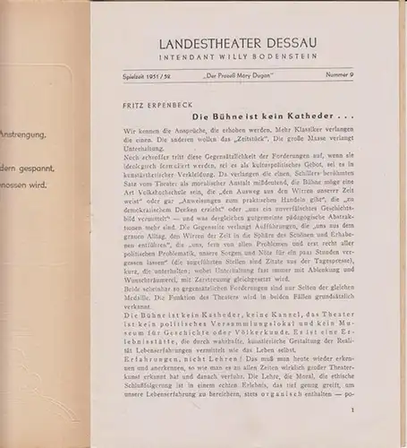Landestheater Dessau. Spielzeit 1951 / 1952, Nummer 9.   Mit Besetzungsliste zu: Der Prozess Mary Dugan ( Bayard Veiller ).   Inszenierung: Erich.. 