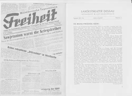Landestheater Dessau. Spielzeit 1951 / 1952, Nummer 11.   Mit Besetzungsliste zu: Auch in Amerika  ( Gustav von Wangenheim ).   Inszenierung:.. 
