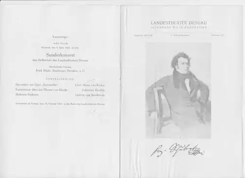 Dessau. - Landestheater. - Intendant: Willy Bodenstein. - Red. : Chefdramaturg Heinz Thiel. - Franz Schubert u. a: Spielzeit 1951 / 1952, Nummer 23. - V. Sinfonie - Konzert des Orchesters des Landestheaters Dessau. - Leitung: Walter Lutze. - Solistin: Tia