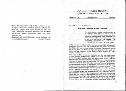 Landestheater Dessau. Spielzeit 1951 / 1952, Nummer 26.   Mit Besetzungsliste zu: Schneider Wibbel ( Hans Müller   Schlösser ).   Inszenierung:.. 