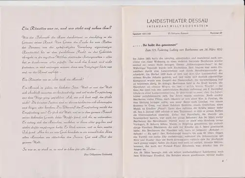 Spielzeit 1951 / 1952, Nummer 27.   VI. Sinfonie   Konzert des Orchesters des Landestheaters Dessau.   Beethoven Abend.   Leitung:.. 