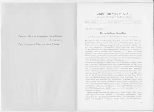 Dessau. - Landestheater. - Intendant: Willy Bodenstein. - Red. : Chefdramaturg Heinz Thiel. - Ermanno Wolf - Ferrari: Landestheater Dessau. Spielzeit 1951 / 1952, Nummer 34. - Mit Besetzungsliste zu: Die vier Grobiane ( Ermanno Wolf - Ferrari ). - Inszeni