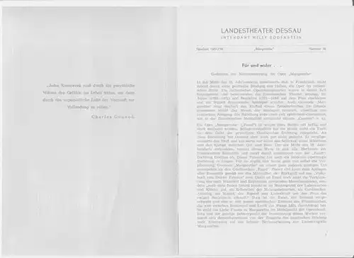 Landestheater Dessau. Spielzeit 1951 / 1952, Nummer 36.   Mit Besetzungsliste zu: Margarethe ( Charles Gounod ).   Inszenierung: Willy Bodenstein.. 