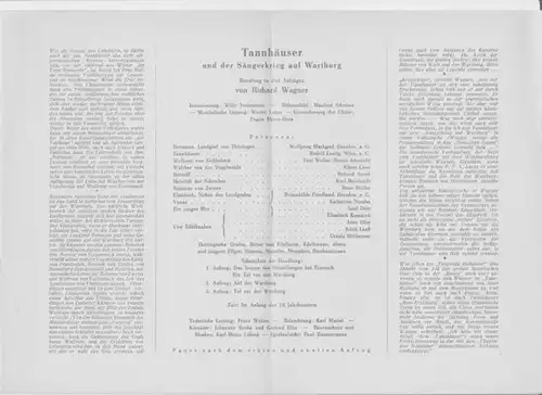 Landestheater Dessau. Spielzeit 1951 / 1952. Besetzungsliste zu: Tannhäuser und der Sängerkrieg auf Wartburg.   Inszenierung: Willy Bodenstein.    Bühnenbild: Manfred Schröter.. 