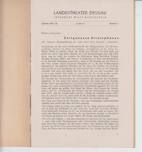 Landestheater Dessau. Spielzeit 1951 / 1952, Nummer 3.   Mit Besetzungsliste zu: Lysistrata ( Aristophanes ).   Inszenierung: Erich Werder.   Bühnenbild.. 