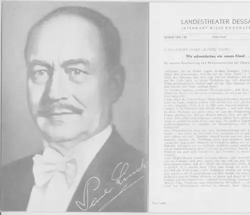 Dessau. - Landestheater. - Intendant: Willy Bodenstein. - Red. : Chefdramaturg Heinz Thiel. - Heinz Bolten - Baeckers. - Paul Lincke: Landestheater Dessau. Spielzeit 1951 / 1952, Nummer 4. - Mit Besetzungsliste zu: Frau Luna ( Heinz Bolten - Baeckers ). -