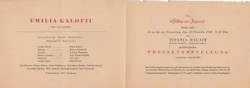 Emilia Galotti. Programmzettel des Titania-Palastes Berlin. Bühne der Jugend. Insz.: Rudolf Hammacher, mit u.a.: Maria Rouvel, Walter Altenkirch, Kurt Fischer-Fehling, Hilde Körber, Gabriele Hessmann, Otto Graf, Willi Schwabe
