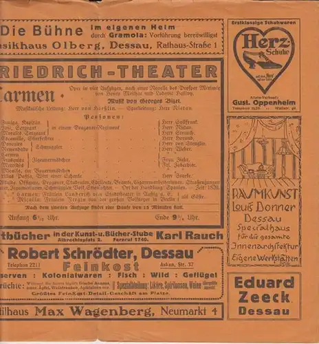 Dessau. - Friedrich  Theater. - Landestheater. - Anhaltisches Theater. -  Hrsg. / Intendanz: Carl von Maixdorff. - Georges Bizet: Die Blätter des Dessauer...