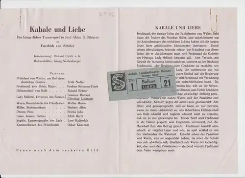 Dessau. - Anhaltisches Landestheater. - ( Intendant: Georg Hartmann ). - Wolfgang Amadeus Mozart: Anhaltisches Landestheater. Besetzungsliste zu : Kabale und Liebe ( Mozart )...
