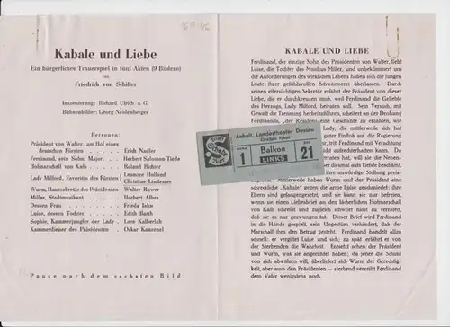 Dessau.   Anhaltisches Landestheater.   ( Intendant: Georg Hartmann ).   Wolfgang Amadeus Mozart: Anhaltisches Landestheater. Besetzungsliste zu : Kabale und Liebe.. 