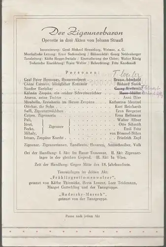 Anhaltisches Landestheater Dessau. Bestzungsliste zu: Der Zigeunerbaron ( Johann Strauß ).   Spielzeit 1947 / 1948.   Inszenierung: Gerd Michael Henneberg.. 