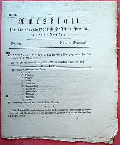 Großherzoglich Hessische Provinz: Amtsblatt für die Großherzoglich Hessische Provinz Rhein-Hessen. No. 72 den 2ten September 1818. 