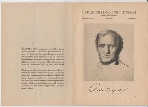 Anhaltisches Landestheater Dessau. Heft 30 der Spielzeit 1949 / 1950.   Mit Besetzungsliste zu: Tannhäuser und der Sängerkrieg auf Wartburg ( Richard Wagner ).. 
