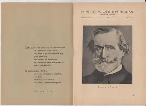 Anhaltisches Landestheater Dessau. Heft 20 der Spielzeit 1949 / 1950.   Mit Besetzungsliste zu: Aida ( Oper von Antonio Ghislanzoni, Musik: Giuseppe Verdi ).. 