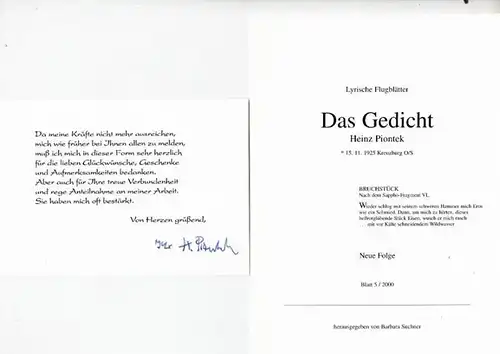 Piontek, Heinz (Autor) / Barbara Suchner (Hrsg.): Das Gedicht. (Sieben Gedichte). Lyrische Flugblätter - Neue Folge Blatt 5  / 2000. 