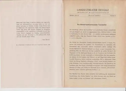 Landestheater Dessau. Heft 4 der Spielzeit 1954 / 1955: Abend der Tanzbühne.   Programm: Tanzsymphonie von Gluck / Großstatdt Impressionen. Tanzszene von W. Kamrath.. 