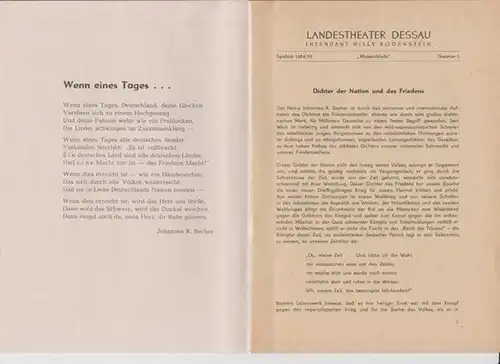 Dessau.   Landestheater.   Anhaltisches Theater.   Intendant: Willy Bodenstein.   Johannes R. Becher: Landestheater Dessau. Heft 1 der Spielzeit 1954.. 