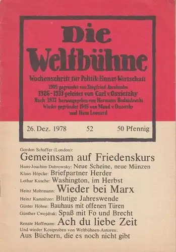 Verlag der Weltbühne v. Ossietzky (Hrsg.) / Peter Theck (Red.): Die Weltbühne. Heft 52, Dezember 1978. 73. Jahrgang. Wochenschrift für Politik   Kunst.. 