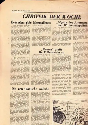 Dapim.   Blumenthal.   Olim.   Ichud Olami: Doppelblatt aus Dapim. Abteilung für die Olim aus Mitteleuropa und "Ichud Olami". Informationsblatt. 7.. 