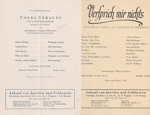 Berlin. Tribüne: Am Knie-Berliner Strasse. - Intendant: Viktor de Kowa- (Hrsg.): Programmzettel der Tribüne. 1946. Konvolut aus 2 Zetteln. 