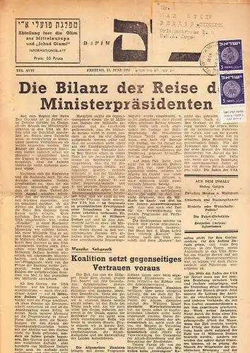 Dapim. - Blumenthal. - Olim. - Ichud Olami: Dapim. Abteilung für die Olim aus Mitteleuropa und "Ichud Olami". Informationsblatt. 7. Jahrgang. Die Bilanz der Reise...